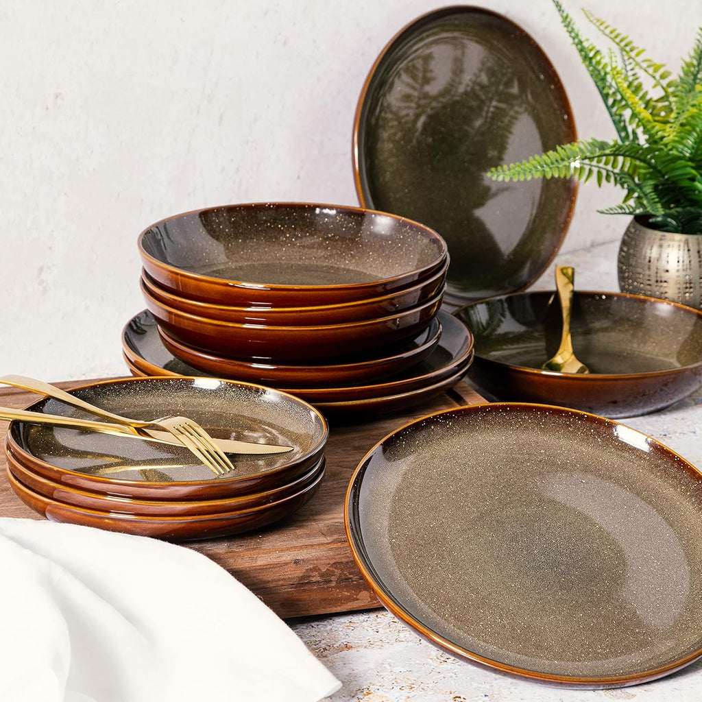 Edwina 16-Piece Double Bowl Dinnerware Set, Service for 4 - Dark Green Stoneware Plates and Bowls