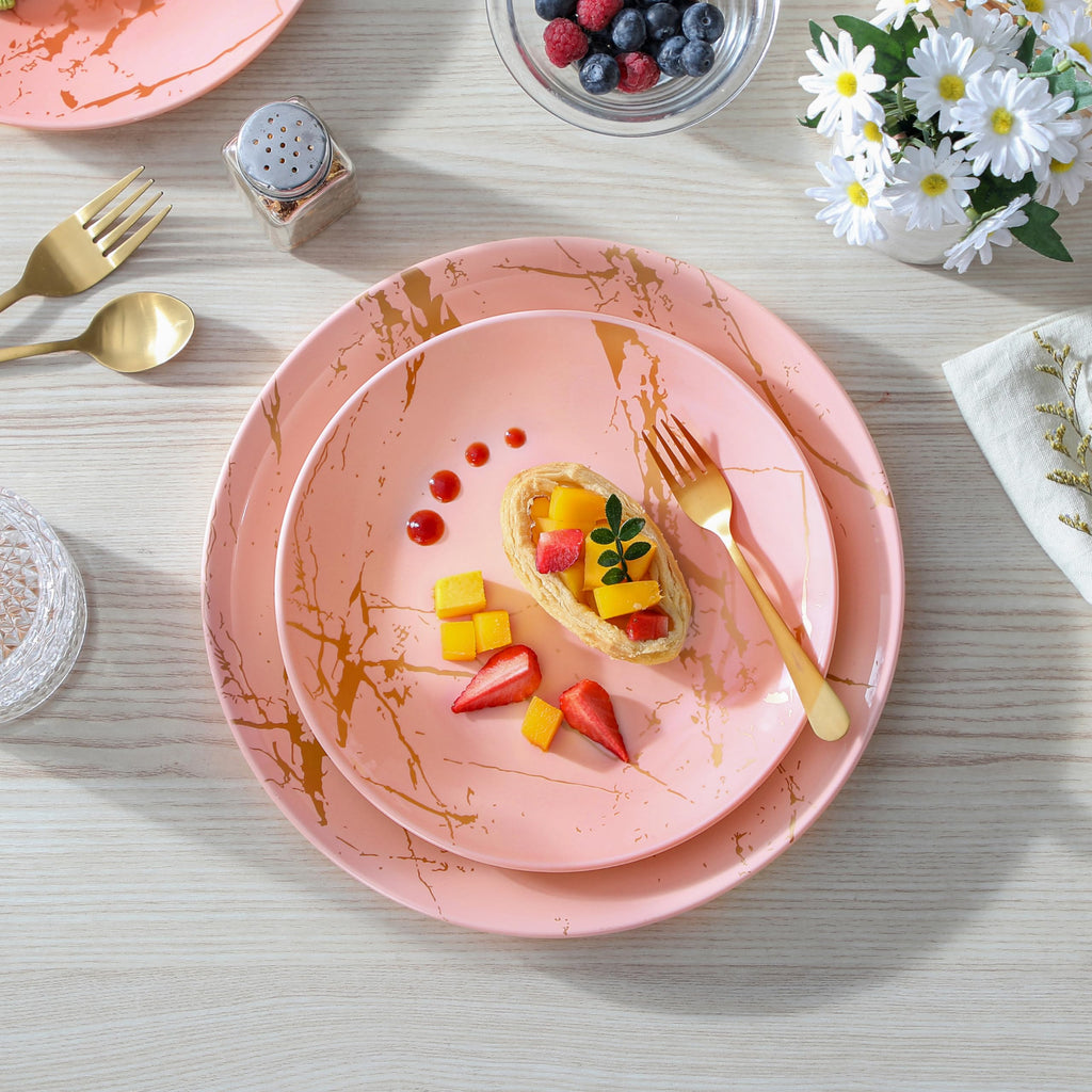 Pink Dinnerware Sets for 4, 12 Piece Porcelain Plates and Bowls Sets, Gold Splash Dish Set, Modern Ceramic Dinner