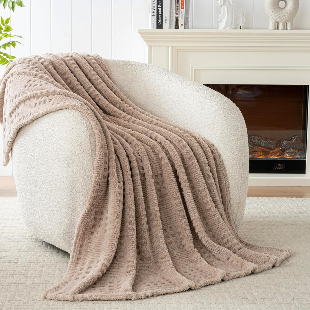 50x70 Inch Waffle Brown Throw Blanket -Fluffy Fleece, Neutral Tan Color, Cute & Aesthetic, Chair, Bed, Living Room &