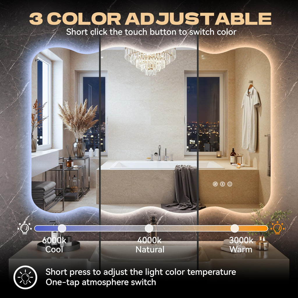40"x32" Wavy Mirror with Lights Frameless Backlit LED Wall Mirror