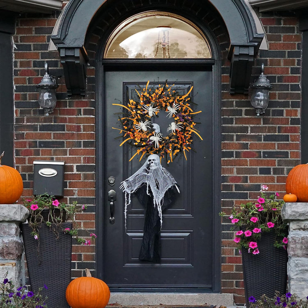 Halloween Wreath 23inch Artificial Spider Wreath with Handmade Black Orange Leaves Orange Purple Berries Teeth Front