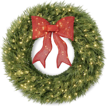 24in Artificial Christmas Wreath w/Twinkling LEDs, Large Pre-Lit Cedar Cypress w/Lighted Bow Decoration, XL Holiday