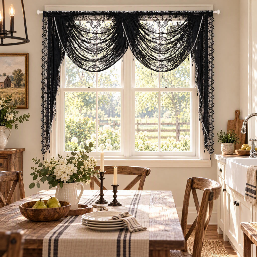 Black Lace Window Valance Curtains Swag Victorian Gothic Style