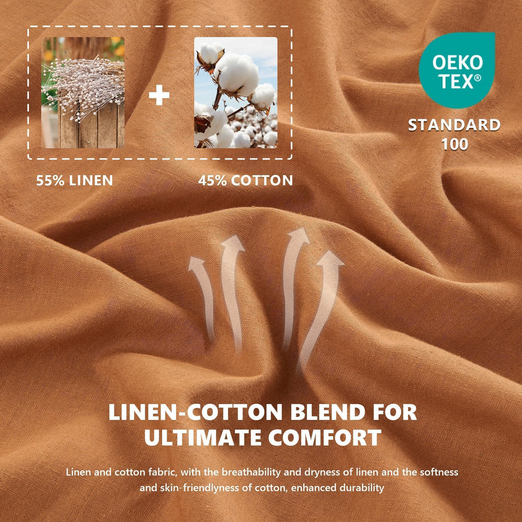 Flax Linen Sheet Set, 4PCS Natural Linen Cotton Bed Sheet with 1 Flat Sheet, 1 Fitted Sheet & 2