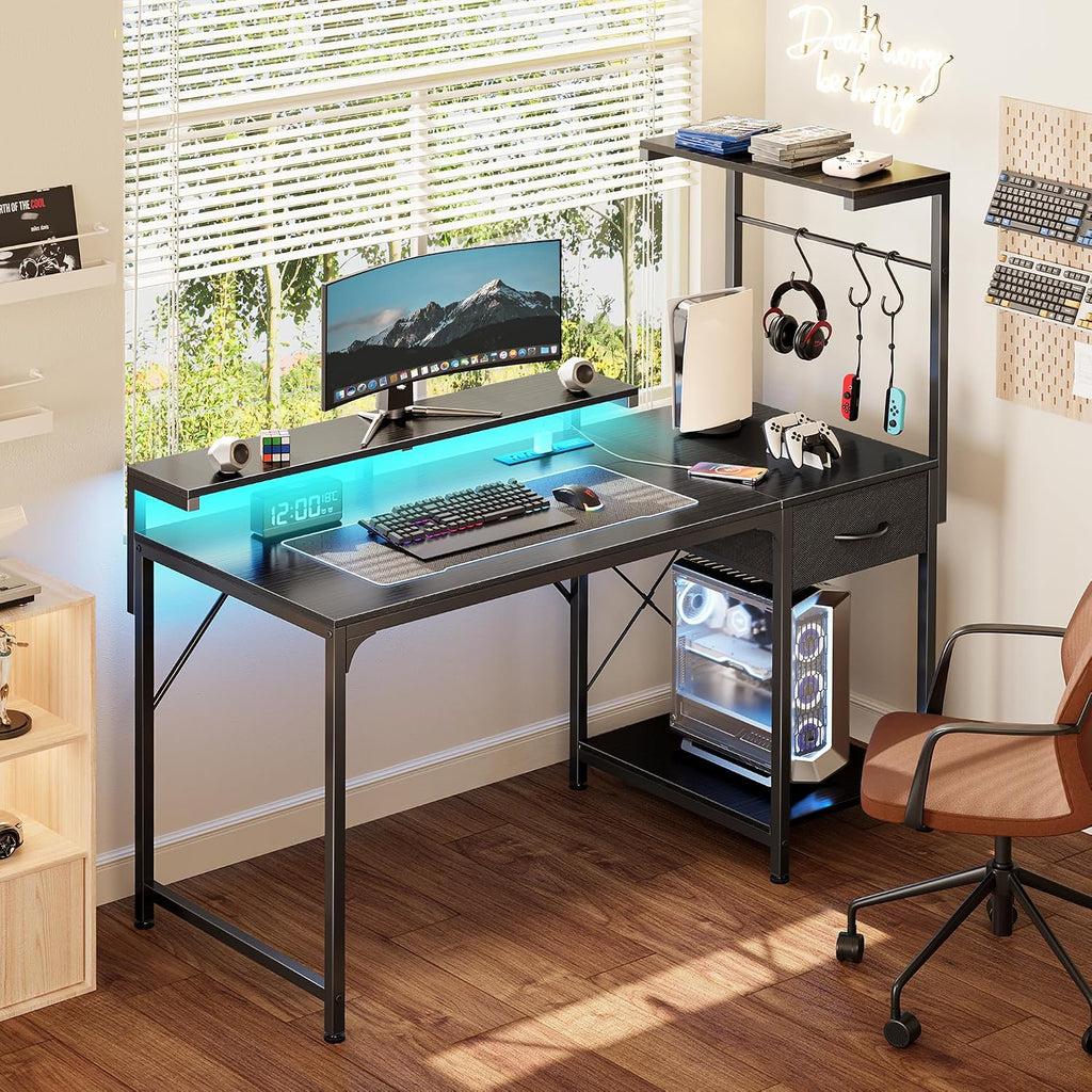47.2 Inch Gaming Desk with LED Lights & Power Outlets | Computer Desk with Drawer & Storage Shelves, Office Writing