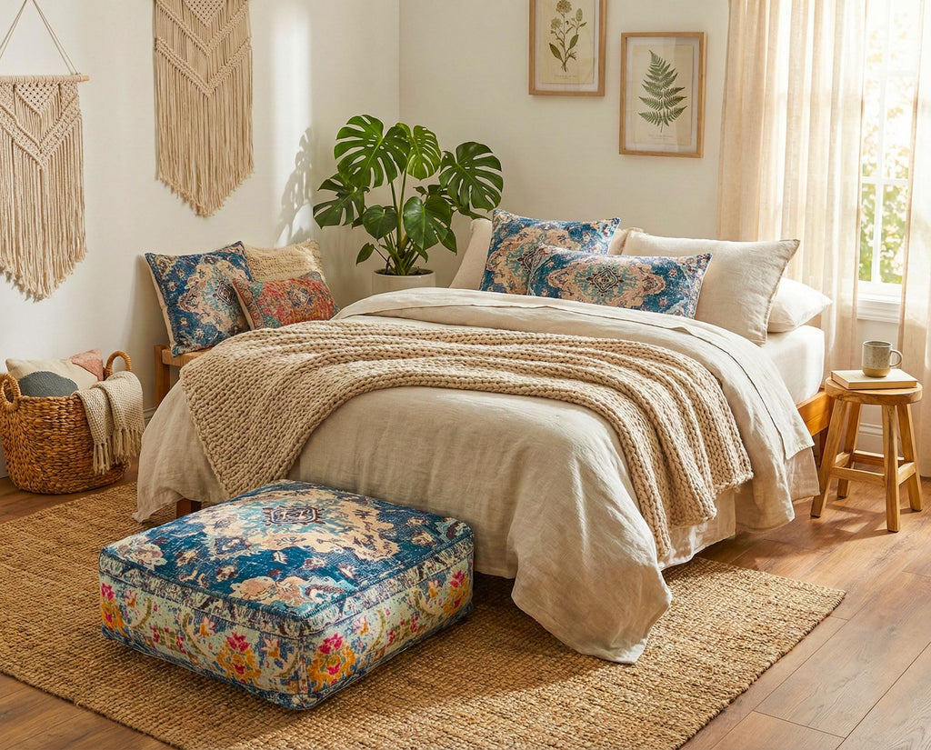 Blue Square Floor Pillow Cover Large Yoga Décor Cushion Moroccan Pouf Ottoman Boho Furniture
