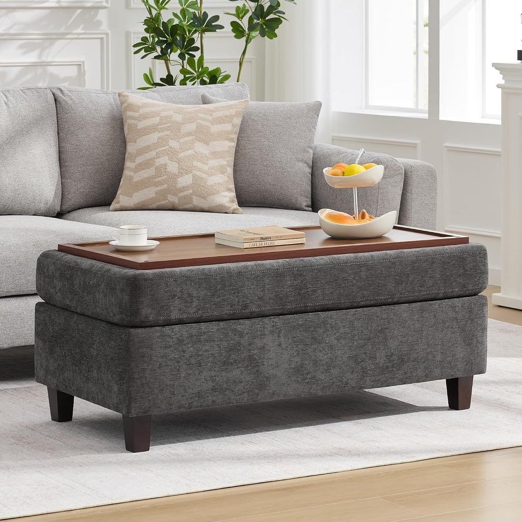 45 Inch Large Storage Ottoman Bench with Wooden Tray Coffee Table, Dark Grey Chenille Upholstered Foot Rest