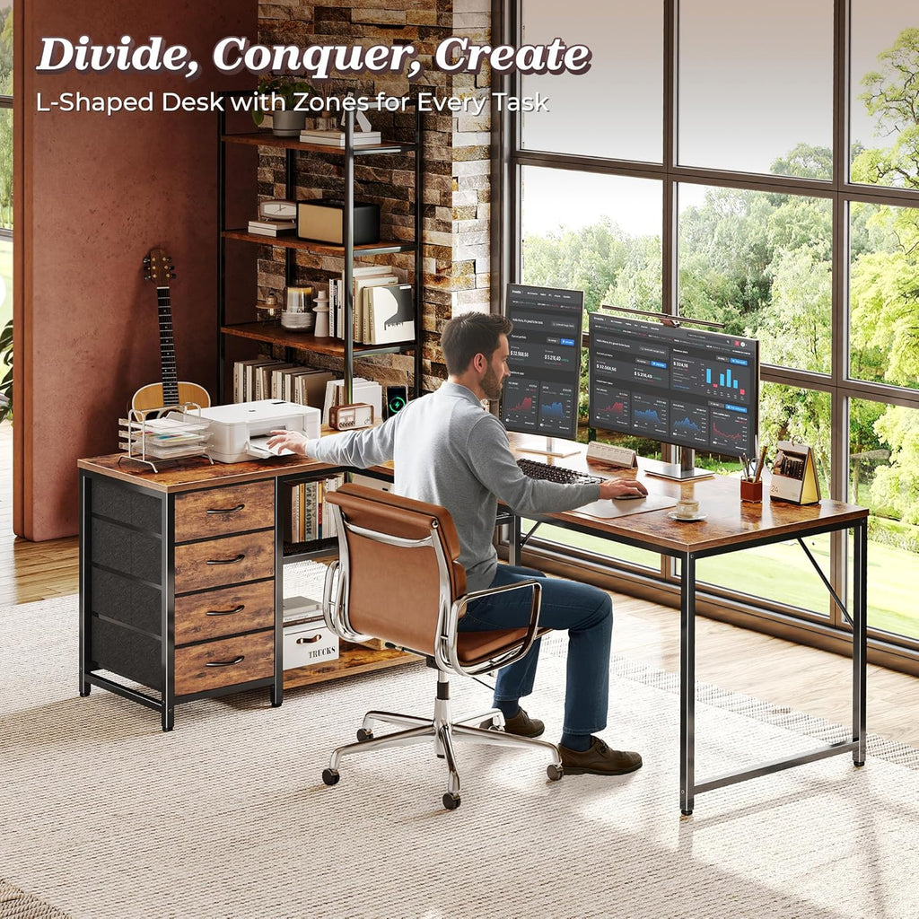 61" L Shaped Desk with Power Outlets & 4 Drawers | Reversible Computer Desk with 2 Storage Shelves, Large Corner