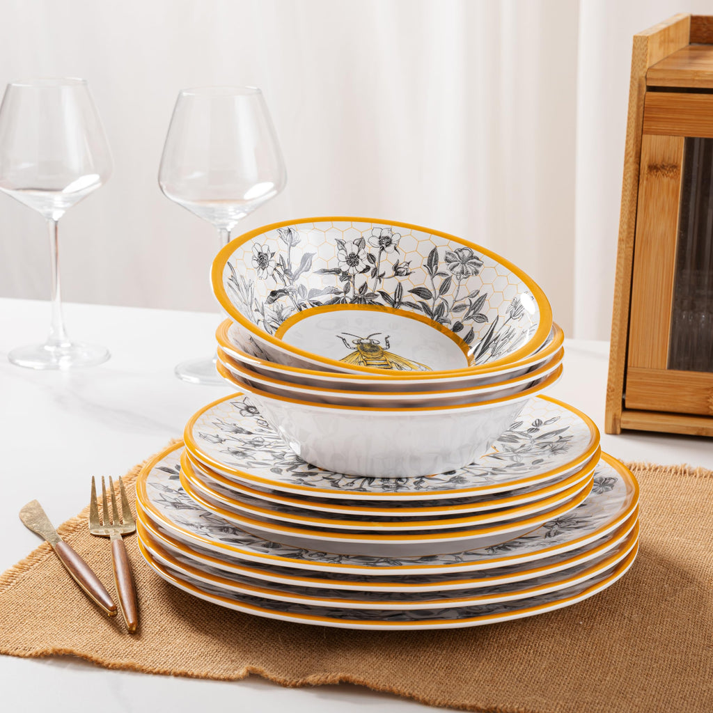 Honeycomb Bee Sweet 12-Piece Melamine Dinnerware Set, Floral Design