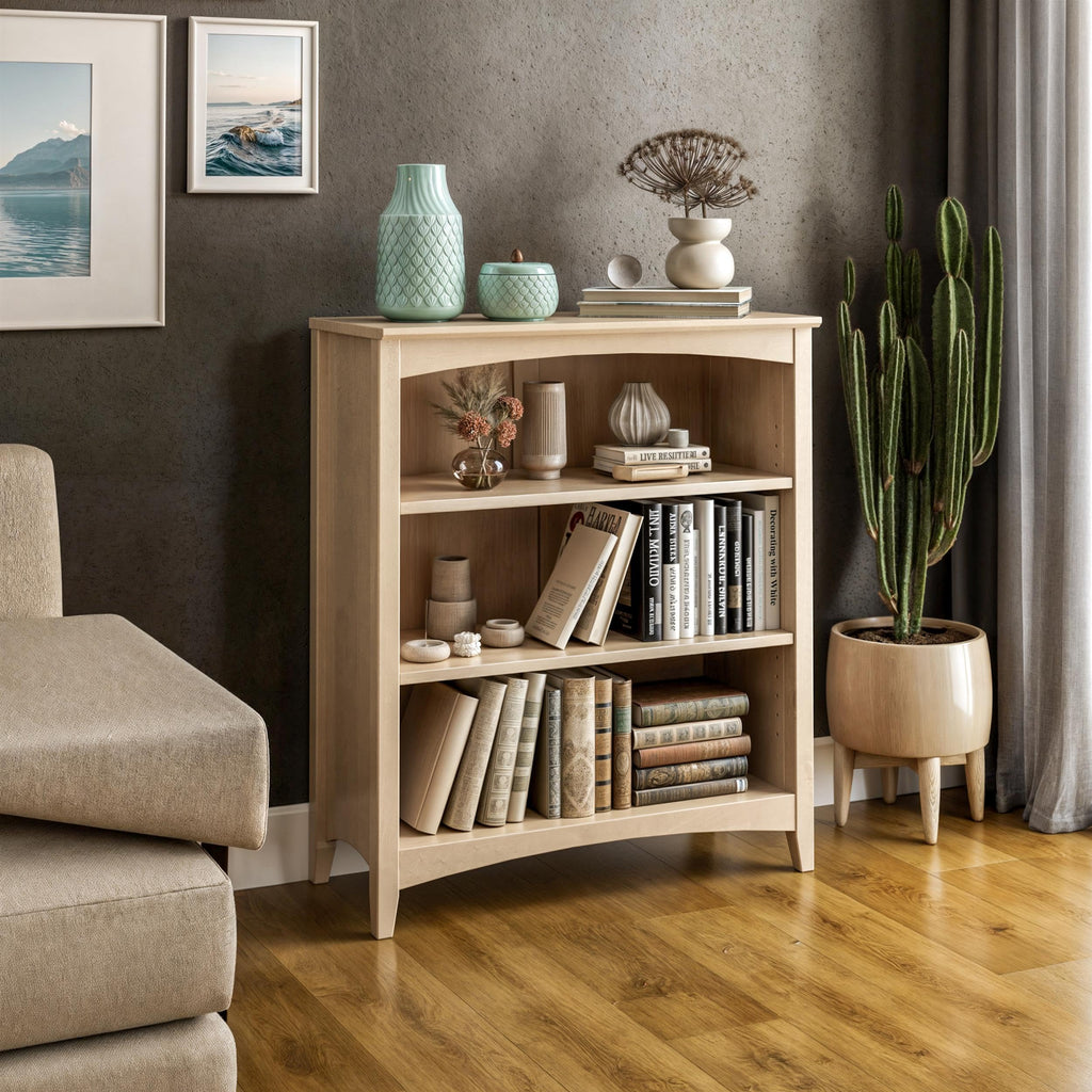 Shaker Style 3 Shelf Bookcase/Solid Wood / 36" High/Adjustable Shelving/Closed Back/Display Bookshelf, Light Oak