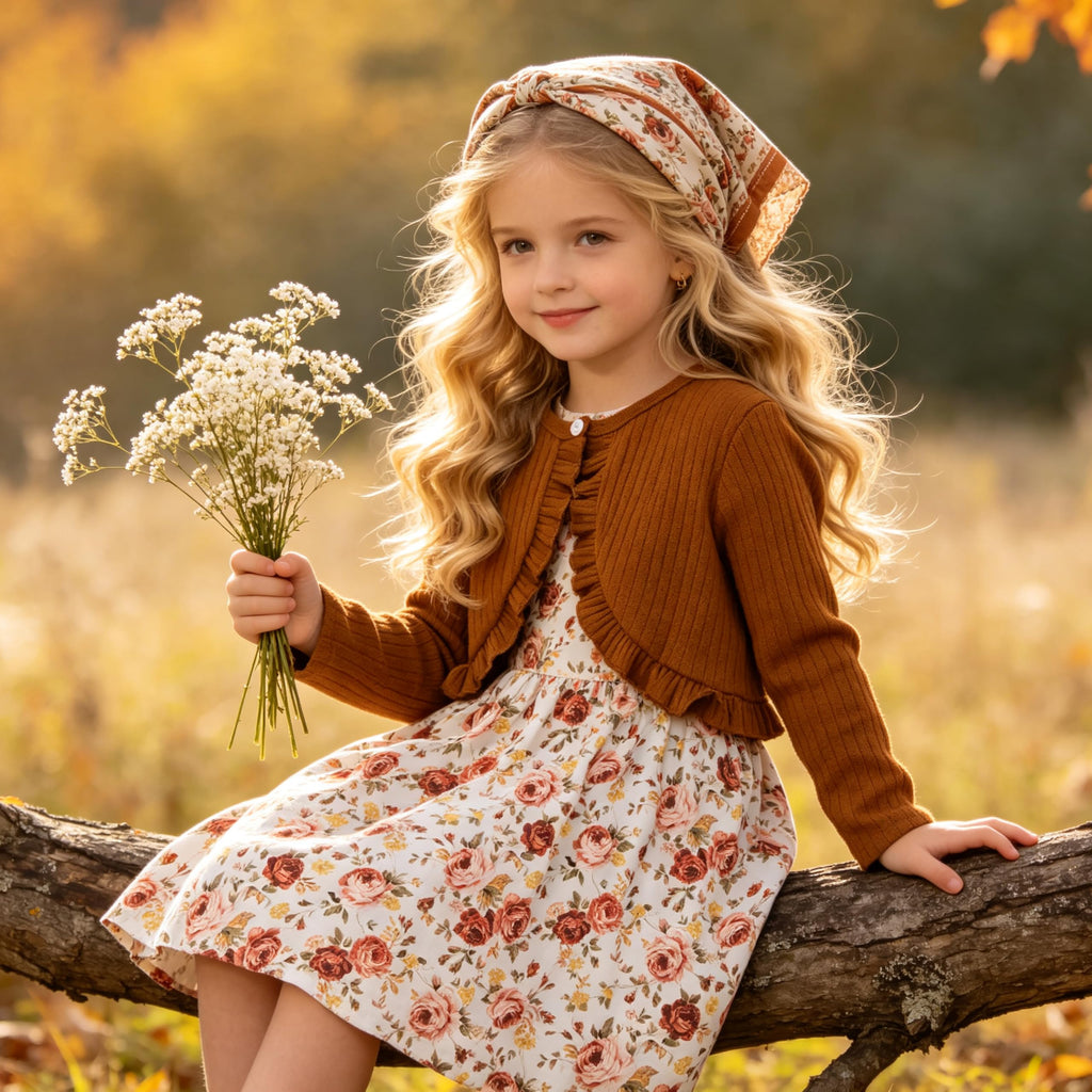 Kid Toddler Girl Fall Dress+Cardigan 2 Piece Floral/Plaid Sleeveless Dress and Cardigan Set