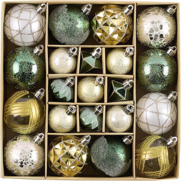 Christmas Ornaments Set Decorations, Green and Gold Emerald Vintage Christmas Tree Ornaments, Shatterproof - Set of 21