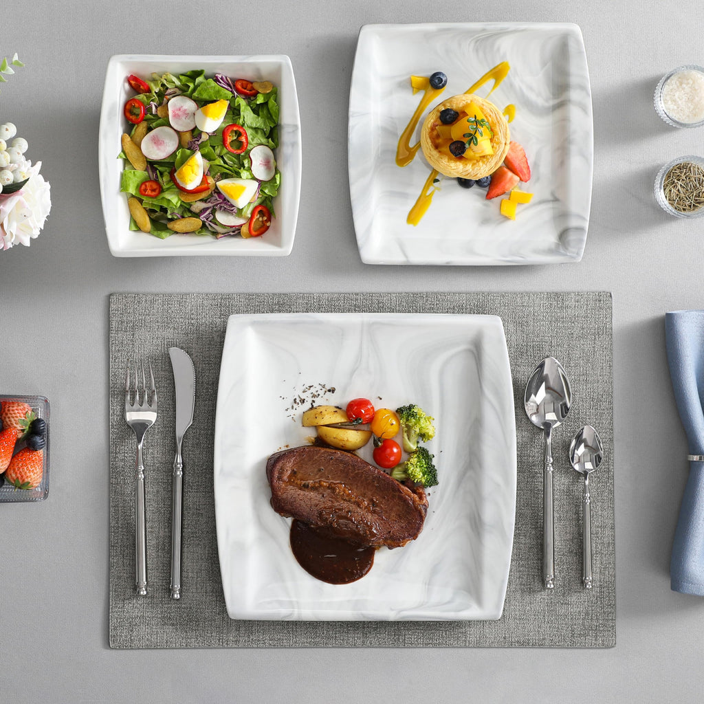 Plates and Bowls Sets, 12-Piece Porcelain Dinnerware Sets for 4, Square Plates and Bowls for Dessert, Salad and Soup