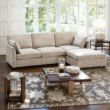 Sectional Cloud Couch, Spring Cushion Seating, L Shaped Convertible Modular Sofa with Ottoman, Khaki