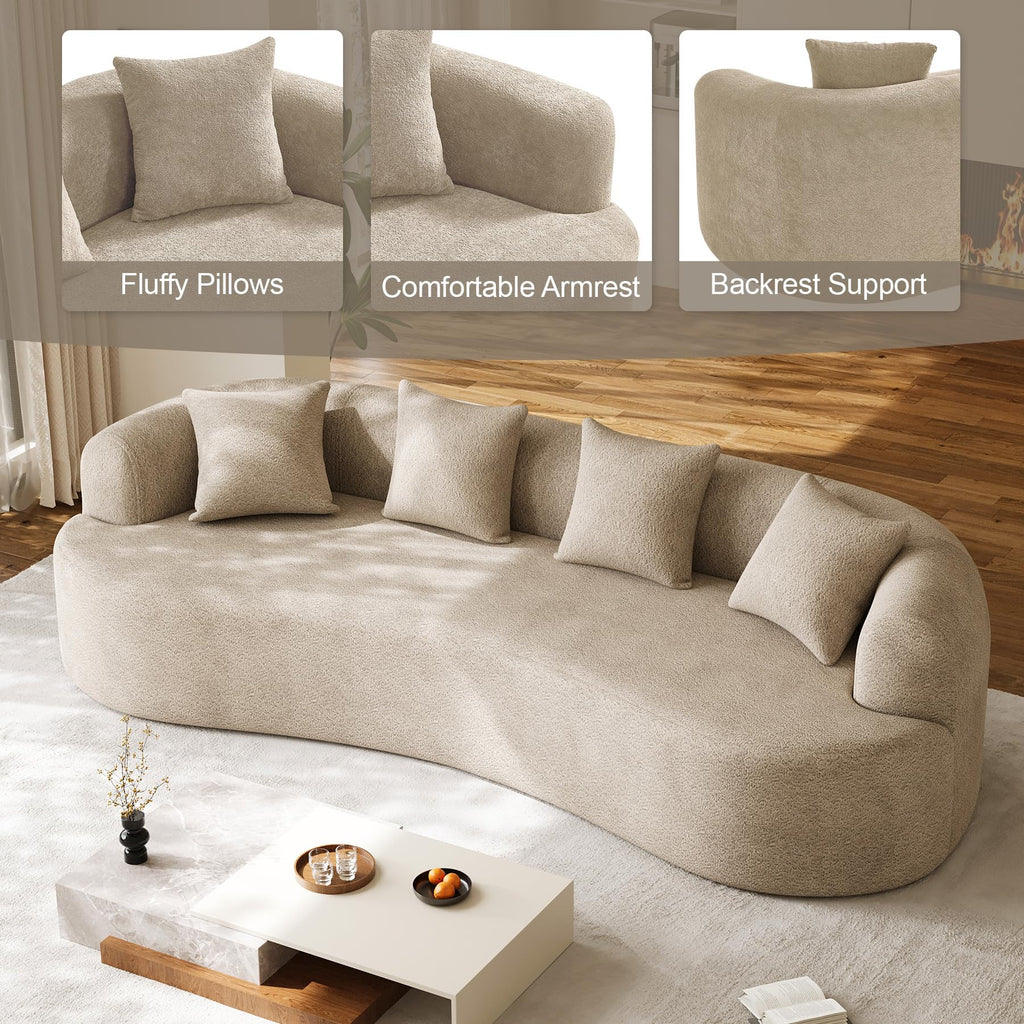 Modern Curved Couch, Oversized 4 Seater Boneless Chenille, Light Brown