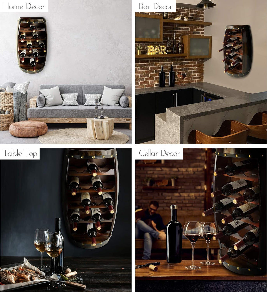 Alexander Wooden Barrel Wine Rack - 18 Bottles Wine Storage Rack, Wooden Rack Free Standing, Liquor Bar Shelf, Rustic