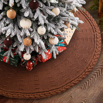 48 Inches Christmas Knitted Tree Skirt Decorations Xmas Large Vintage Brown Chunky Cable Farmhouse Thick Rustic Tree