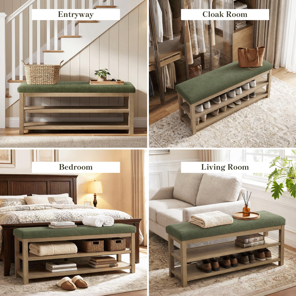 Shoe Rack Bench with Cushion, 2 Tier Solid Wood Storage Bench, Mid-Century Modern Shoe Bench, Closet, Front Door
