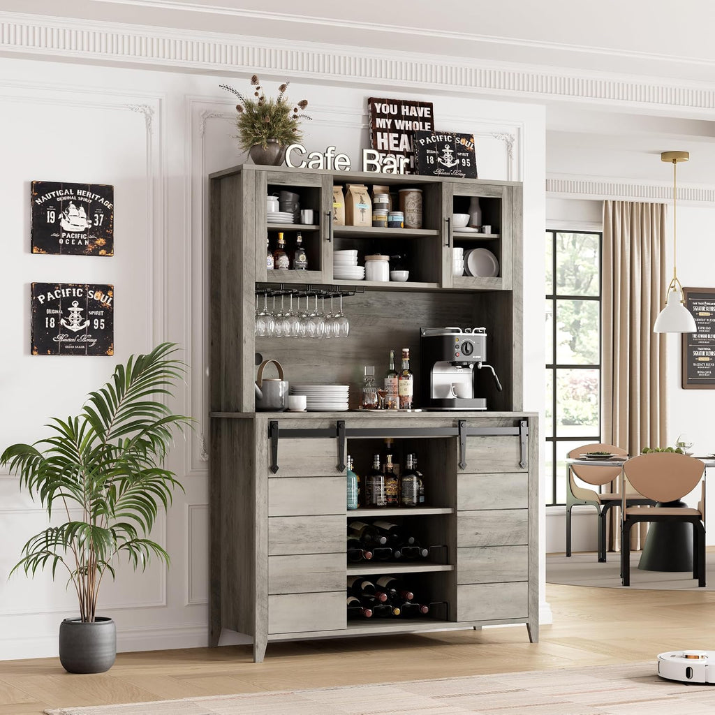 70 in Tall Farmhouse Coffee Bar Cabinet, Kitchen Hutch Storage with Sliding Barn Door, Kitchen Buffet with Wine Rack
