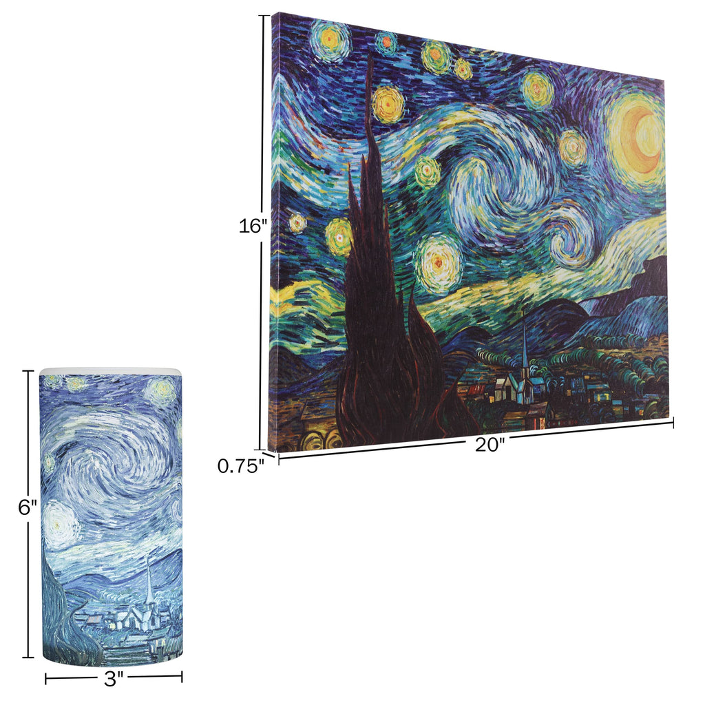 Van Gogh Wall Art Set - Lighted Canvas Starry Night Print with Timer Fiber Optic Lights and LED Flameless Candle