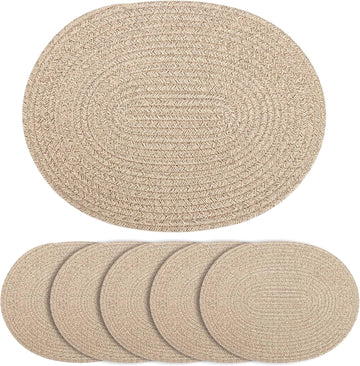 Oval Woven Cotton Placemats, Thick Braided Rope Table Mats, 17 x 13 Inches Large Non Slip Heat Resistant - Set of 6