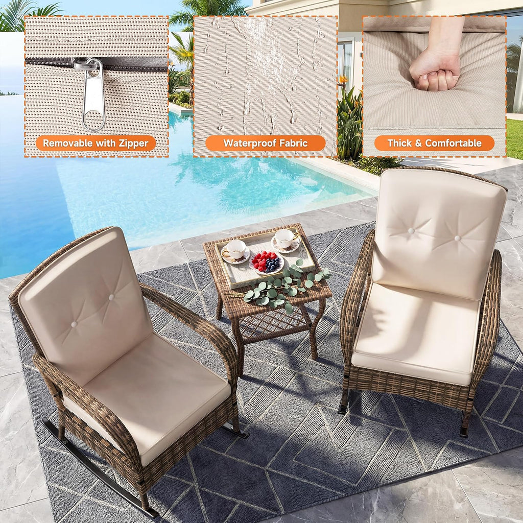 3-Piece Wicker Rocking Bistro Set, Outdoor Rattan Chairs | Rattan Table Design | Cushioned Rocking Chairs | Outdoor