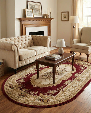 Chateau Rug - 5' 3 x 8' Oval Red Stain-Resistant Area Rug - Traditional Medallion Design, Vintage Victorian Style s
