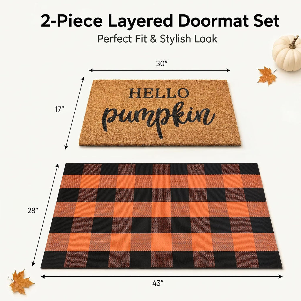 Fall Decor Door Mat Combo Set, 100% Coco Coir Welcome Mat + 28 x 43 Inches Orange and Black Plaid Rug- Fall - Set of 2