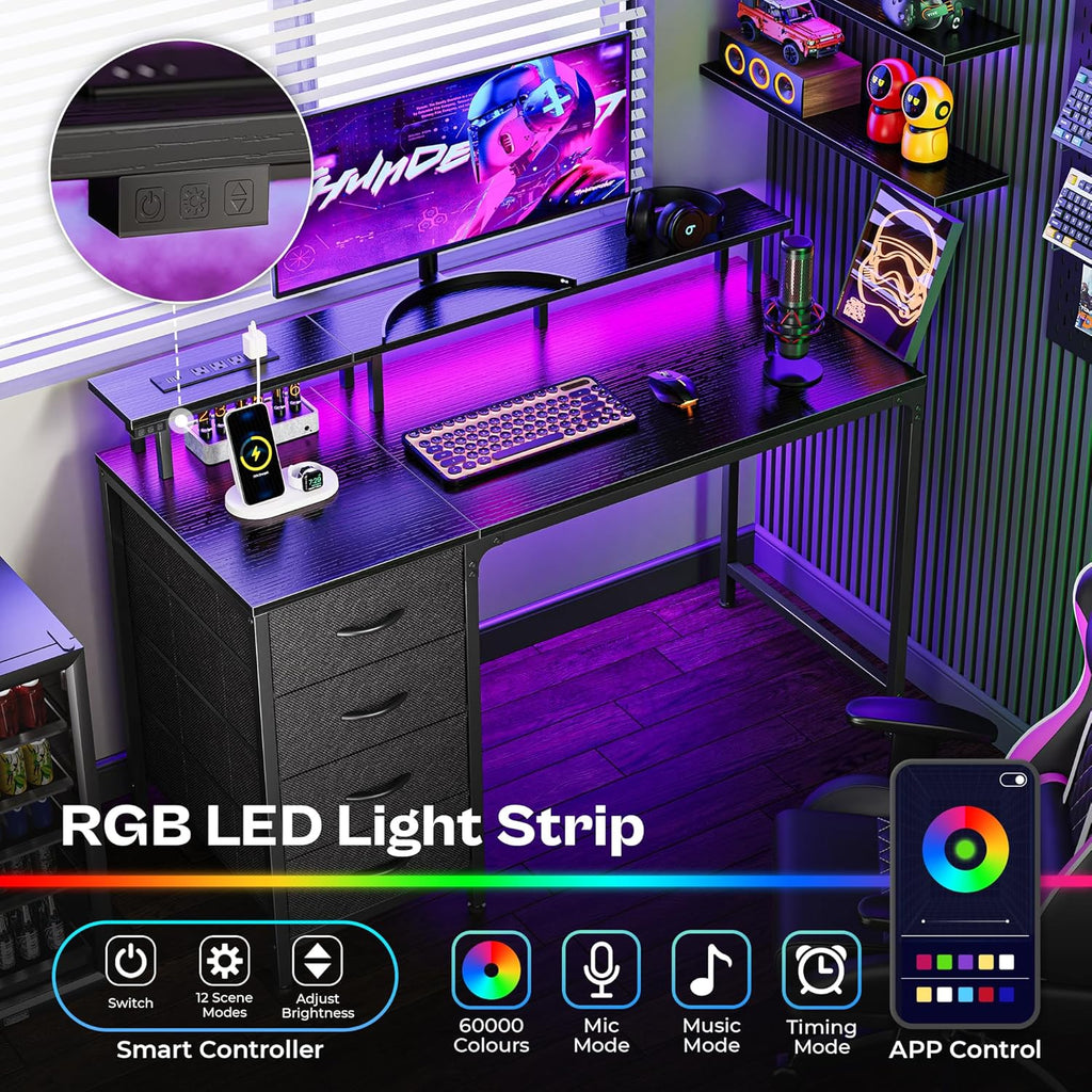 47 Inch Computer Desk with Power Outlets and LED Lights, Gaming Desk with 4 Drawers, Office Desk with Monitor Stand
