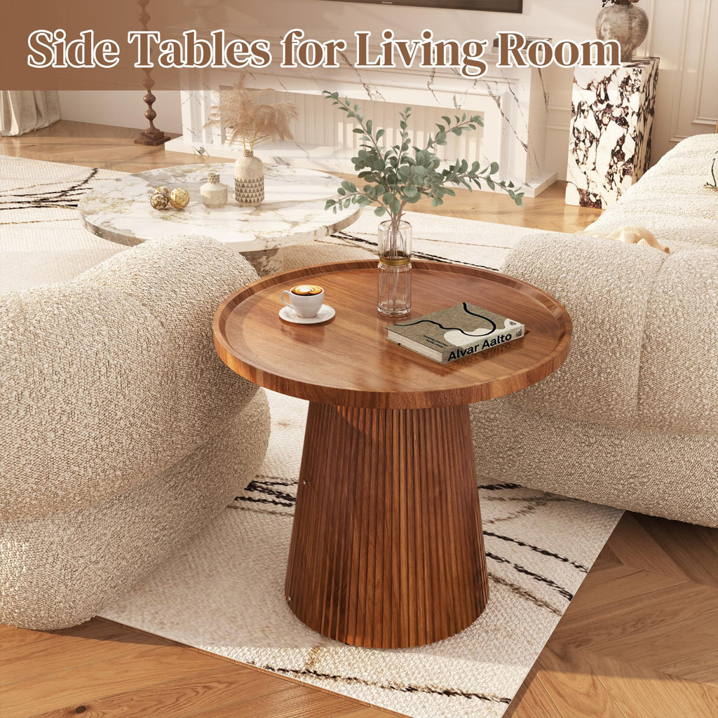 Round Side Table, 23.6'' Fluted Pedestal End Table, Walnut
