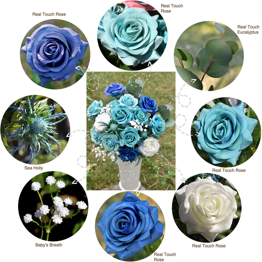 Artificial Blue and White Rose Bridal Bouquet - Real Touch Wedding Flowers with Eucalyptus, Baby's Breath & Thistles