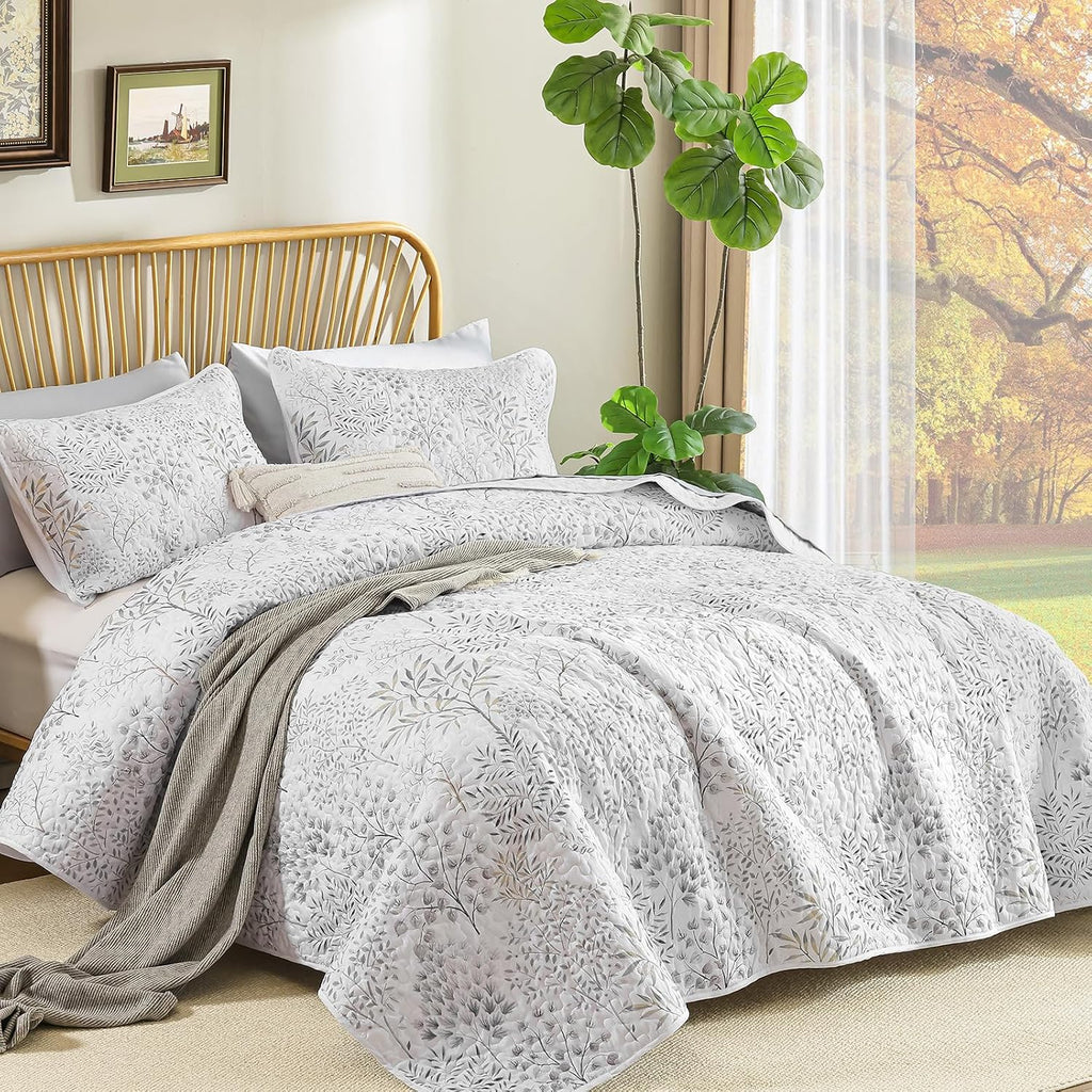 King Quilt Set, 3 Pieces White Floral Bedspread Coverlet Set, Farmhouse Botanical Bedspreads Bed Cover,Soft