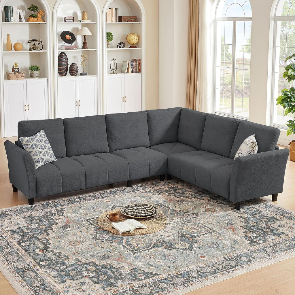 102" L Shape Sectional Couch,6 Seat Convertible Modern Corner Sofa Sectional with Removable Covers , Dark Grey