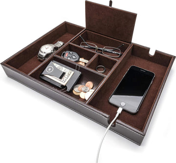 Nightstand Organizer, Valet Tray for Men and Women, EDC Tray, Dresser Top Catchall, Dark Brown Faux Leather, 6