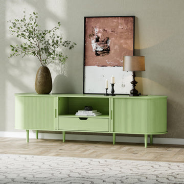 71" Fluted TV Stand with Power Outlet for TVs up to 80", TV Console with Adjustable Shelves and Sliding Door, Mid