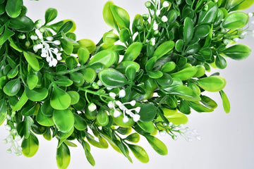 Artificial Green Leaves Wreath - 11 inch Artificial Boxwood Wreaths with White Flower for Window Wall Wedding