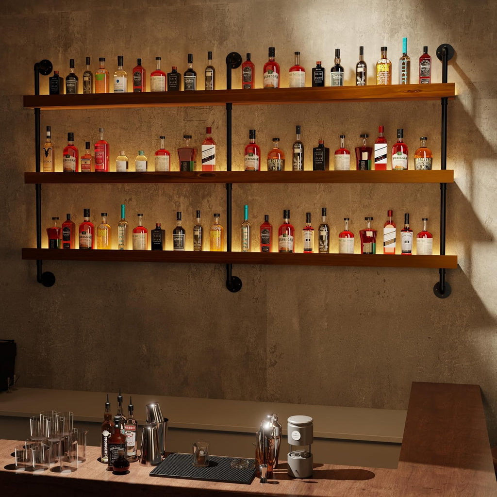 Bar Shelves, Wall Mounted Wine Rack, Walnut Brown, 60 Inch | 3 Tier, Industrial, Solid pine shelves, black pipe