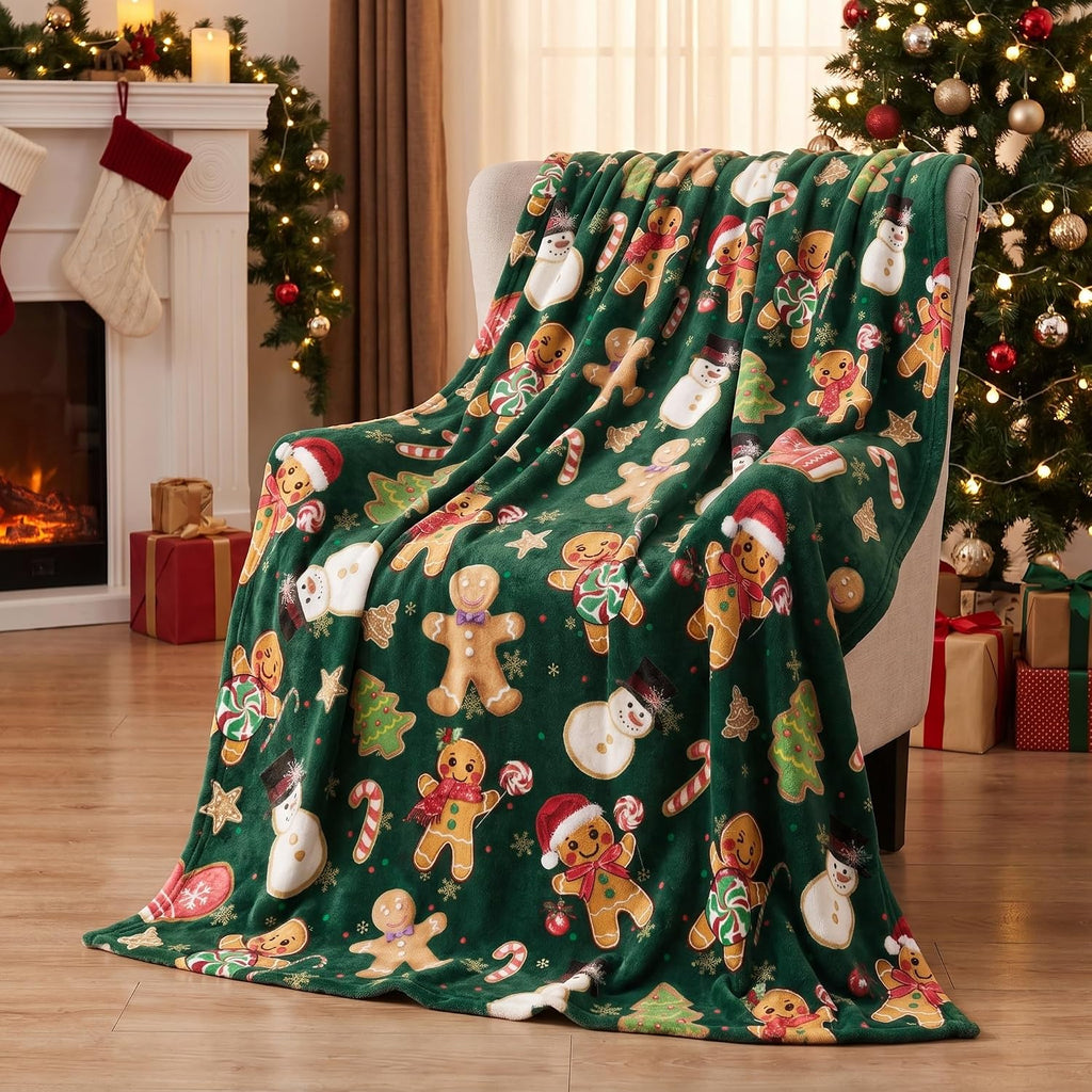 Christmas Green Gingerbread Flannel Throw Blanket 50x60