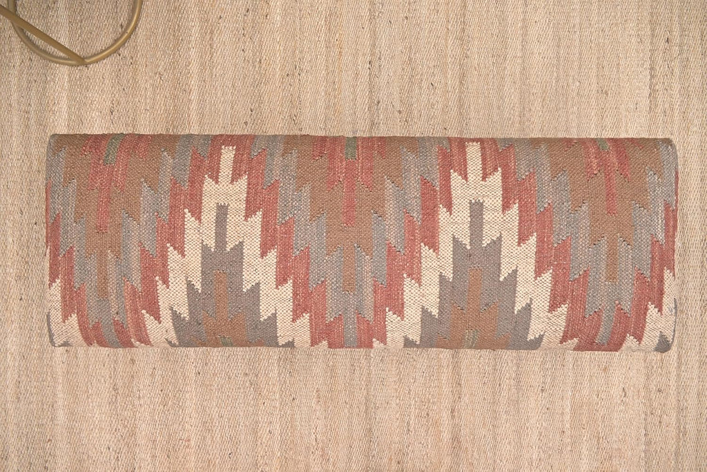 Acacia Wood Kilim Jute Fabric Upholstered Bench | Southwestern Pattern Wooden Ottoman with Turned KD Legs , End of
