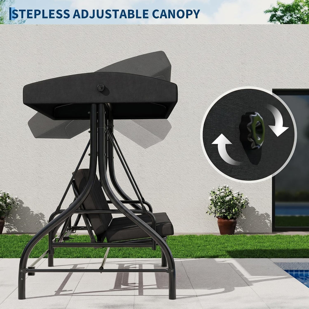 Porch Swing with Stand, 3 Seat Outdoor Patio Swing, 2-in-1 Convertible Swing Bed, Stepless Adjustable UV Resistant