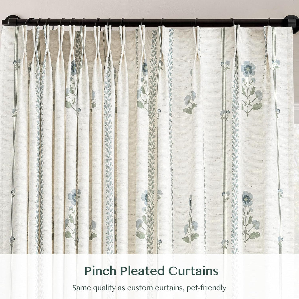 Pinch Pleated Curtains for Living Room Bedroom Dining Room - 84 Inches Light Filtering Floral Curtains Luxury Linen