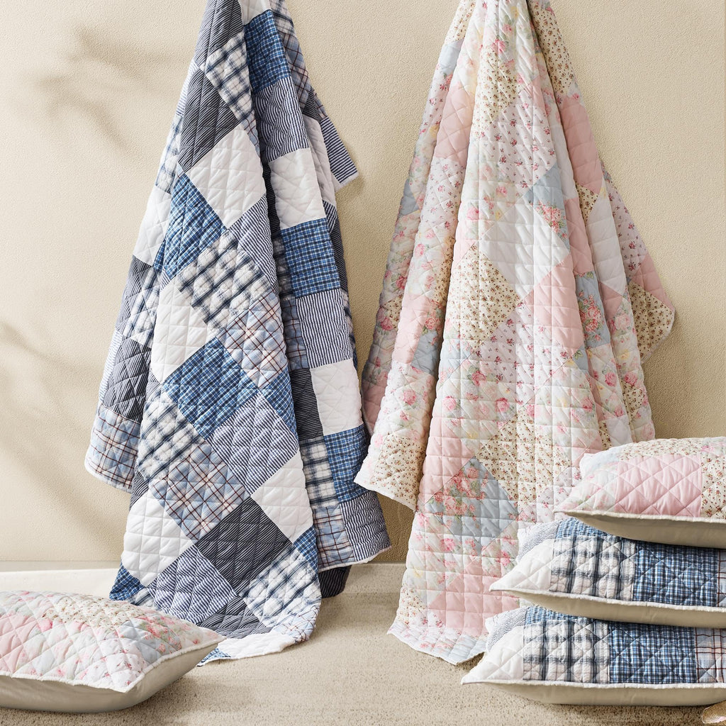Real Patchwork Quilt Set, 3 Piece Cotton Front Floral Pink Bedding, Boho Farmhouse Reversible Bedspread