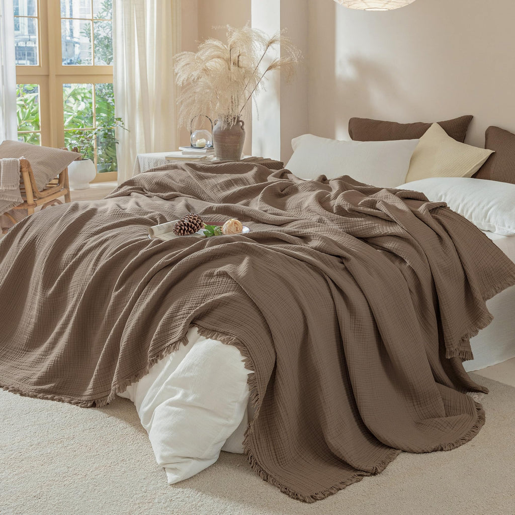 Muslin Fringe Blankets for Adults: 100% Cotton Cloud Soft