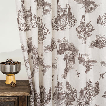 Brown Floral Linen Toile Curtains 84 Inches Long Bedroom Toile de Jouy Printed Patterned Country Semi Sheer Curtains