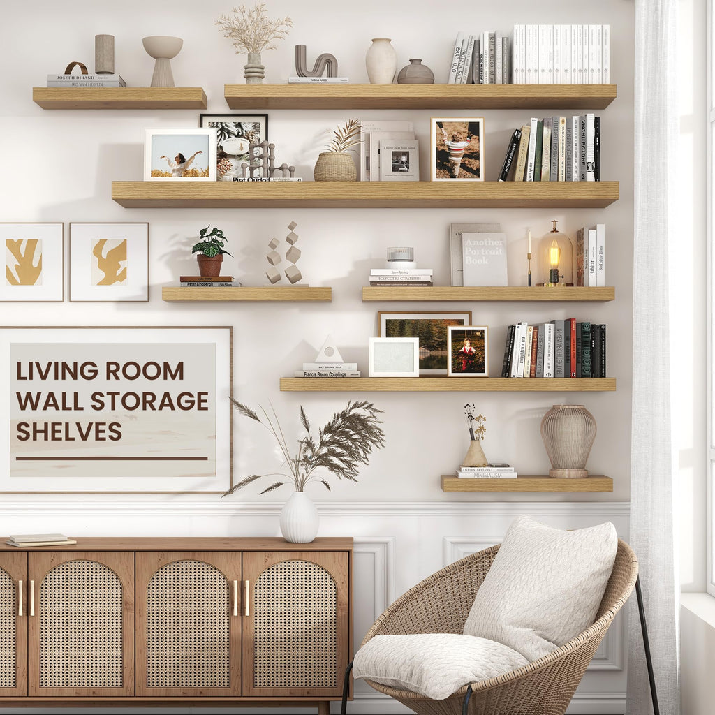 48" Wide x 9" Deep Floating Shelves for Wall, Oak Finish, 2-Pack