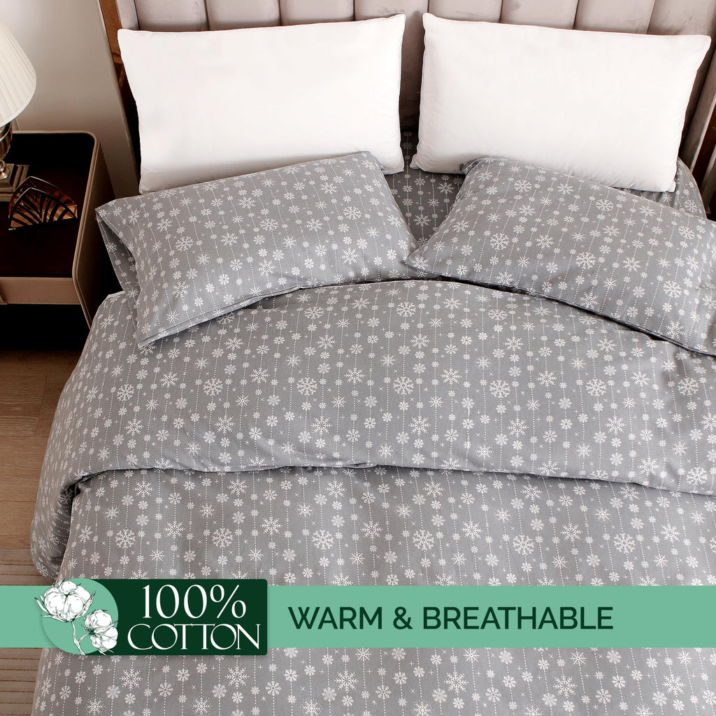 Holiday Christmas Flannel Sheet Set, Queen, Snowflake Gray
