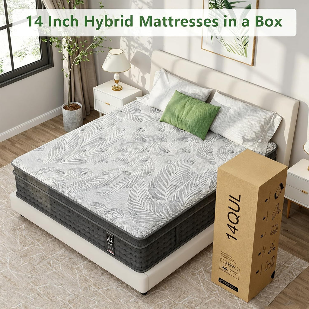 Full Size Mattress 14 Inch, Hybrid Full Mattress in a Box, Pocket Springs & Memory Foam for Motion Isolation, Medium