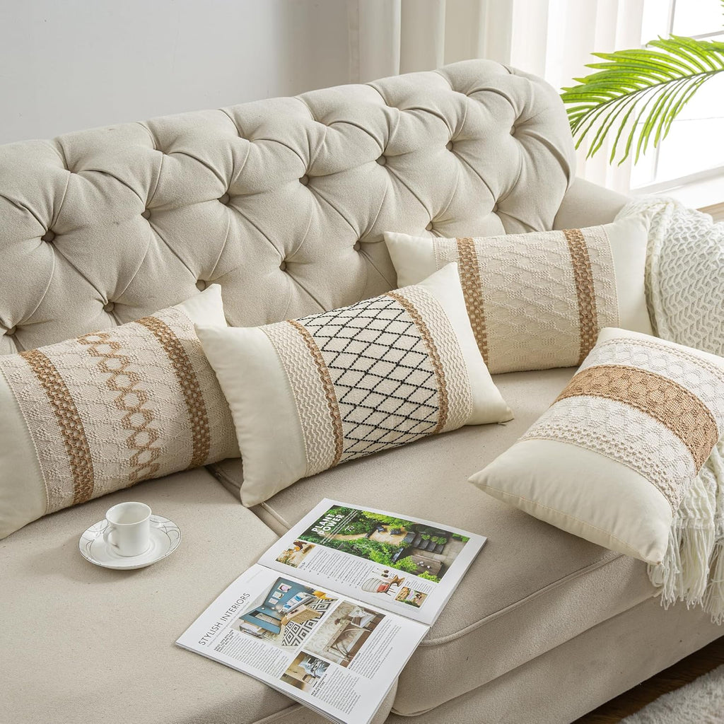 Lumbar Throw Pillow Covers 12 x 20 Inch 1PC for Farmhouse Living Room, Cotton & Burlap Textured Striped Woven Boho