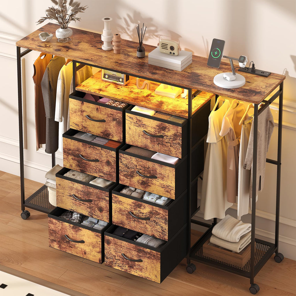 59.1" W Dresser with Hanging Rack, 8 Drawer Dresser with LED Lights & Charging Station, Fabric Dressers with Portable