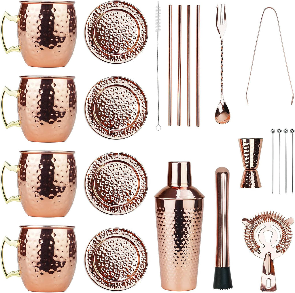 [Gift Set] PG Ultimate Moscow Mule SS Copper Plated Set | Cocktail Shaker, 4X Mugs, 4X Straws, 4X Cocktail - Set of 25